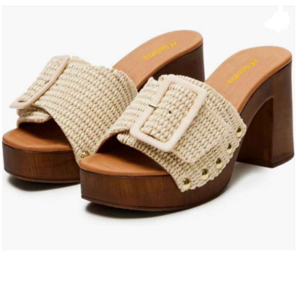 Milooey shoes Beige Open Toe Studded Platform Mules Block High Heel Slippers
